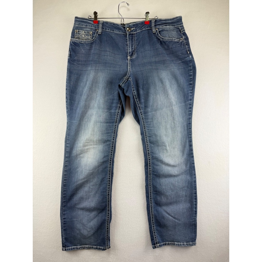 Love Indigo Straight Leg Jeans‎ Womens 18 Blue Embroidered Rhinestone Stretch